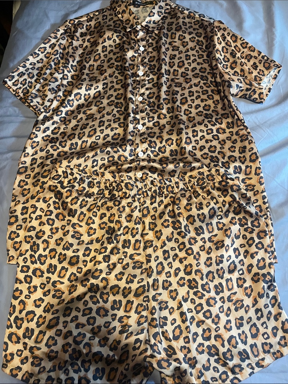 Leopard print button down shirt & matching shorts